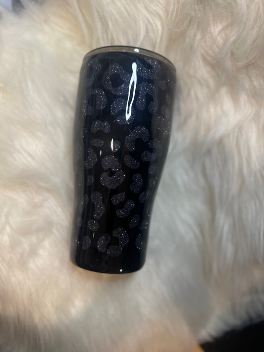 30oz curved ~Black glittered Leopard Print
